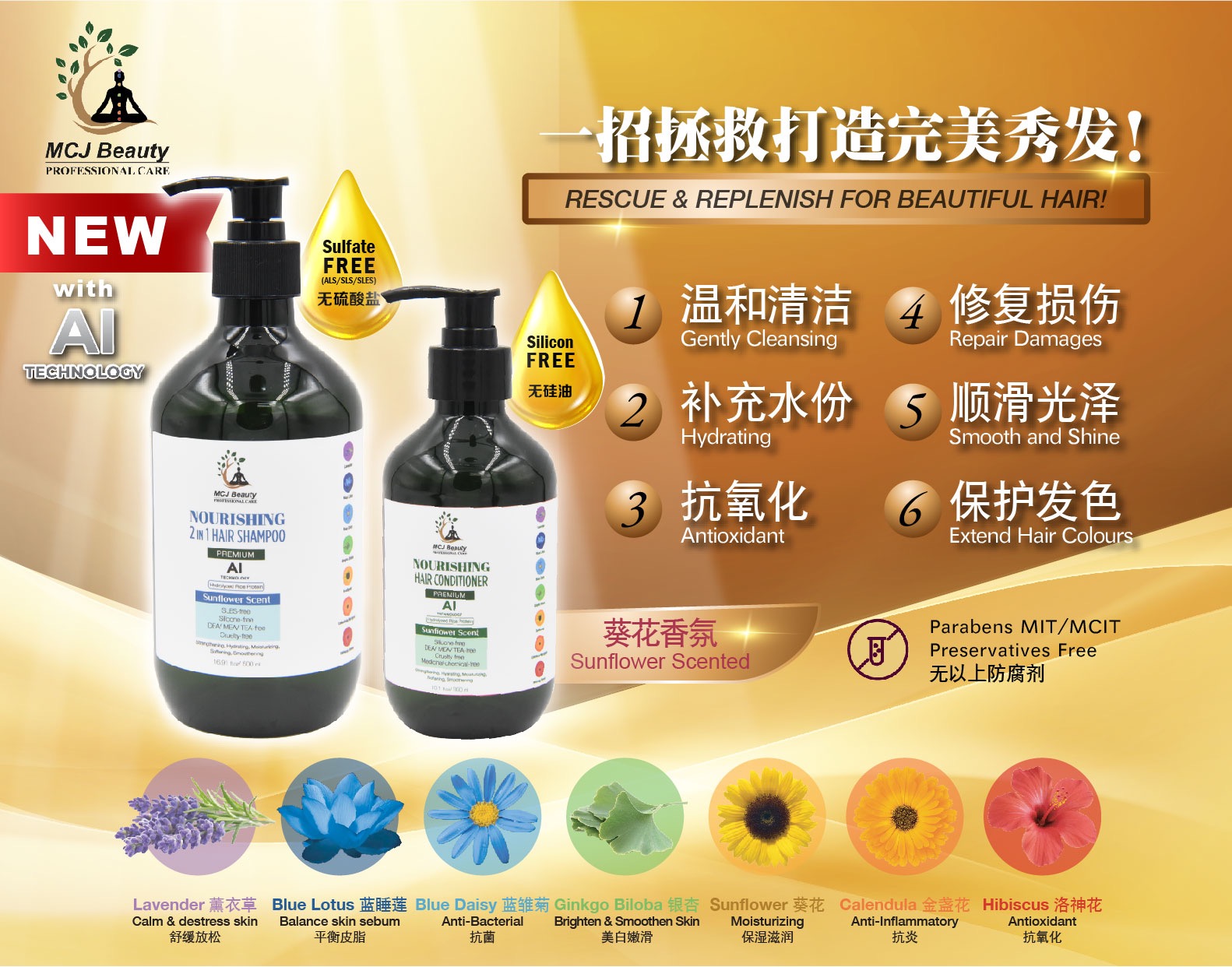 MCJ BEAUTY NOURISHING 2 IN 1 HAIR SHAMPOO  (SUNFLOWER SCENT) 500ML IMPROVED WITH AI TECHNOLOGY